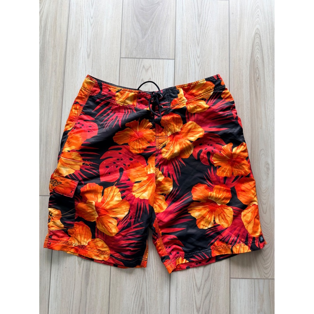 Y2k Rusty Board Shorts Mens 36 Orange Red Black Tropical Hibiscus Floral Cargo